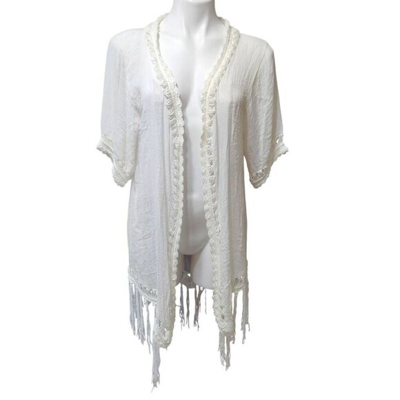 Vivid open front cardigan white crochet detail back cutout fringe medium - Picture 1 of 7